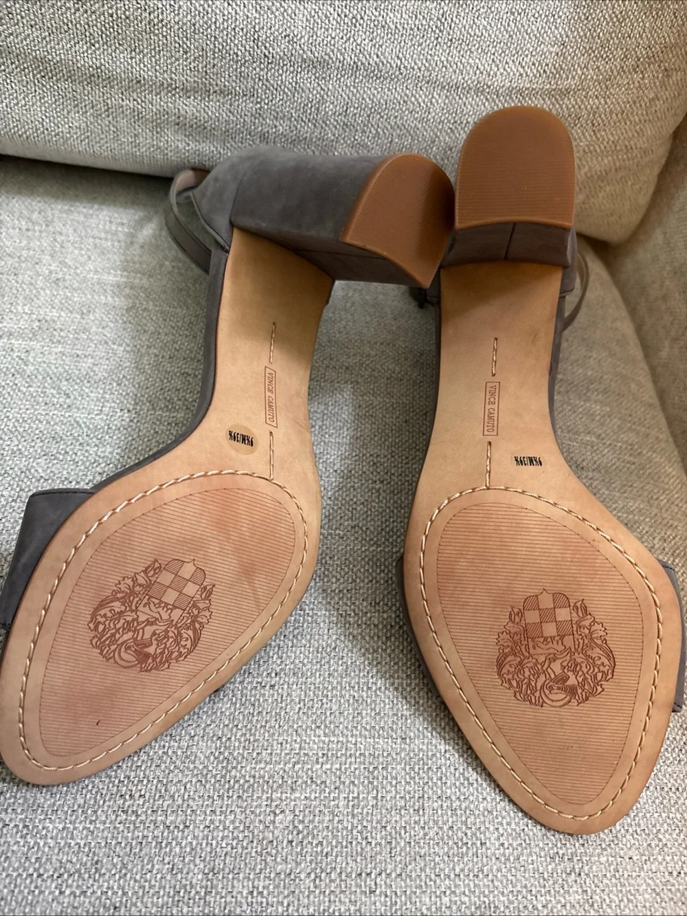 Vince Camuto Gray Taupe Suede Ankle-Strap Block Heels